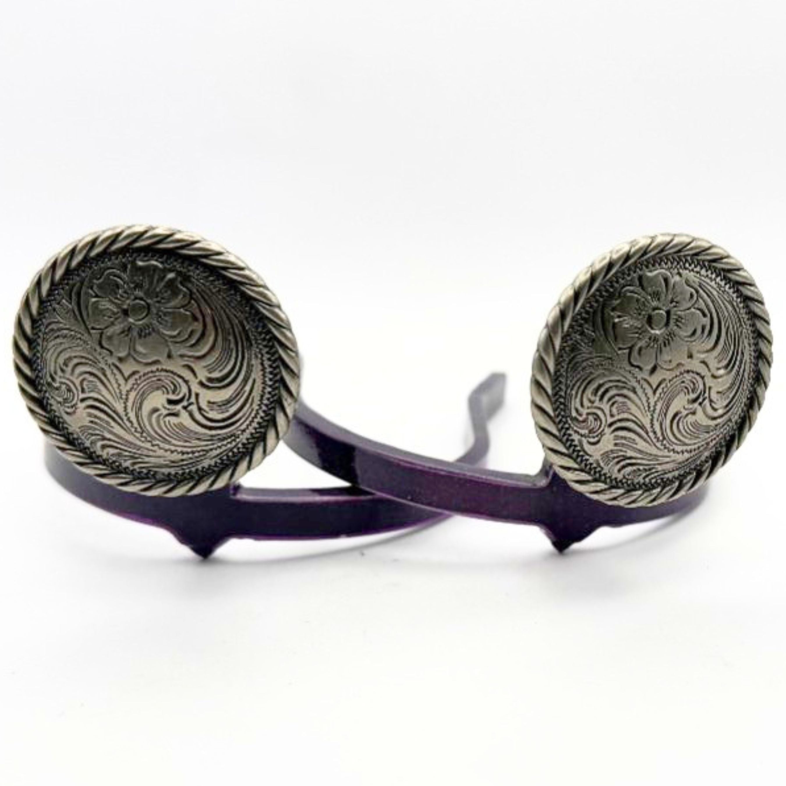 Handcrafted rope edge floral Cowgirl Cuff featuring engraved western scrollwork and silver-tone concho styling for cowboy boots and jean hem protection.