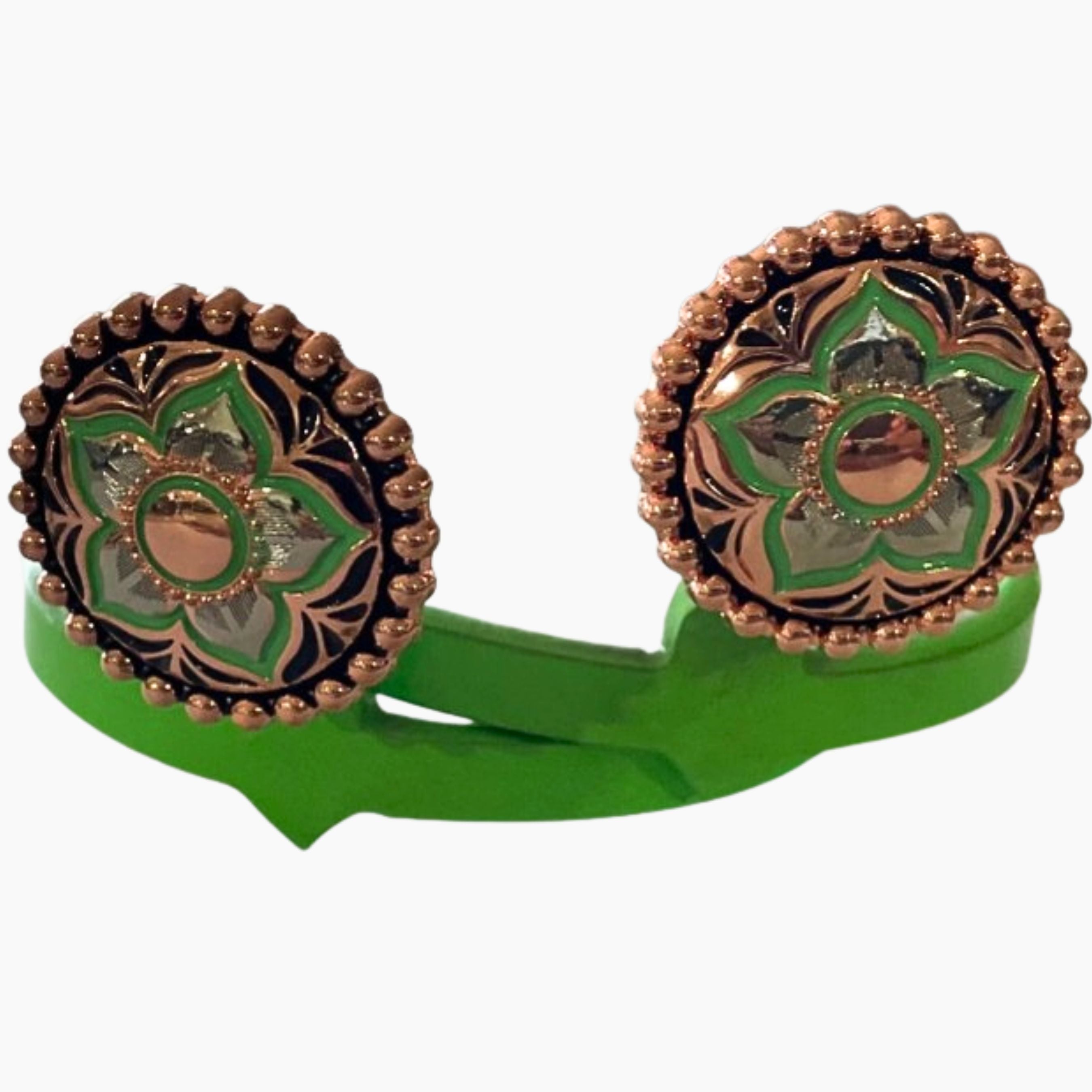San Antonio Floral Cowgirl Cuff featuring turquoise-green enamel flower details, copper beaded edging, and southwestern western styling for cowboy boots.