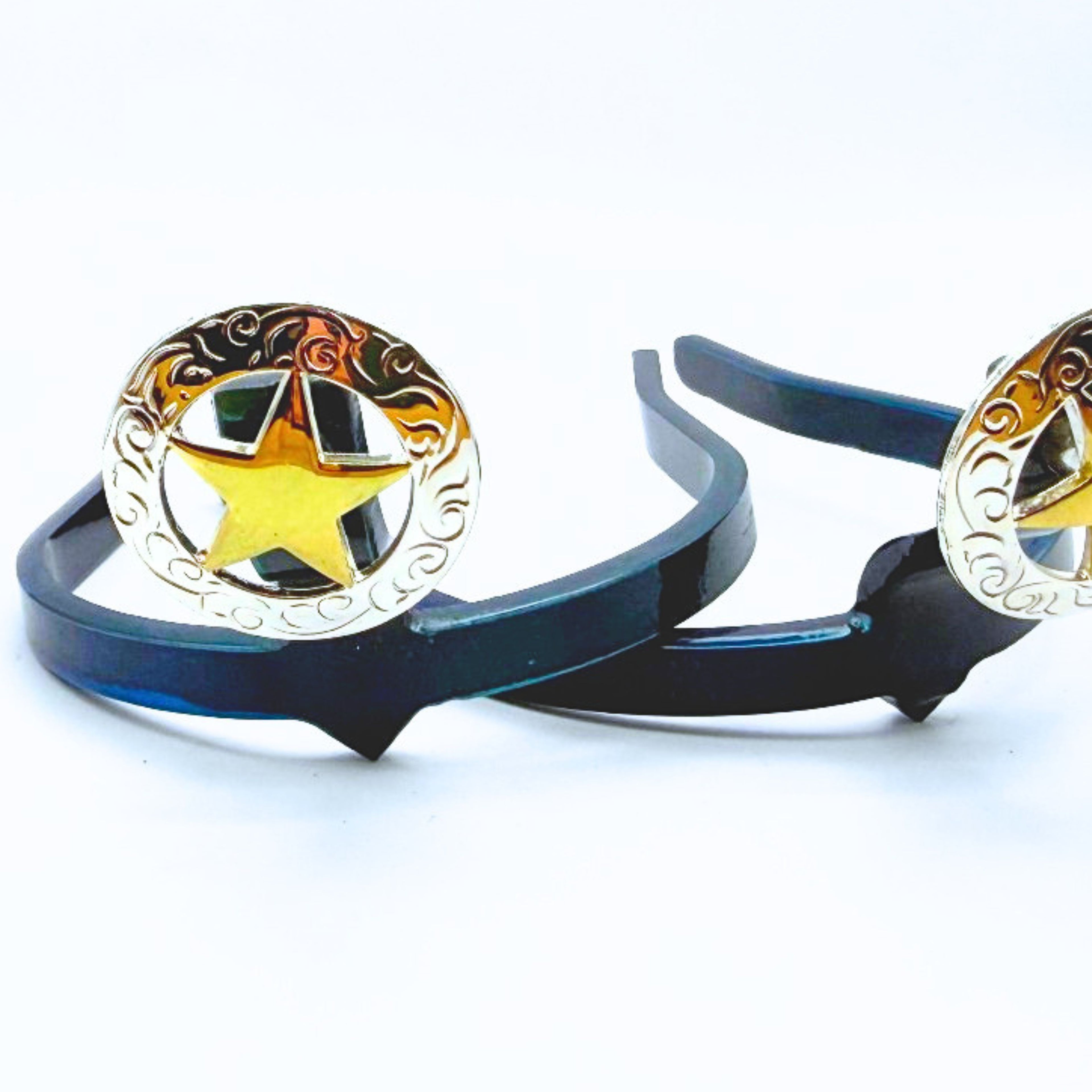 Western Star Cowgirl Cuff featuring a gold-tone star, engraved silver western details, and a blue cuff base designed for cowboy boots.