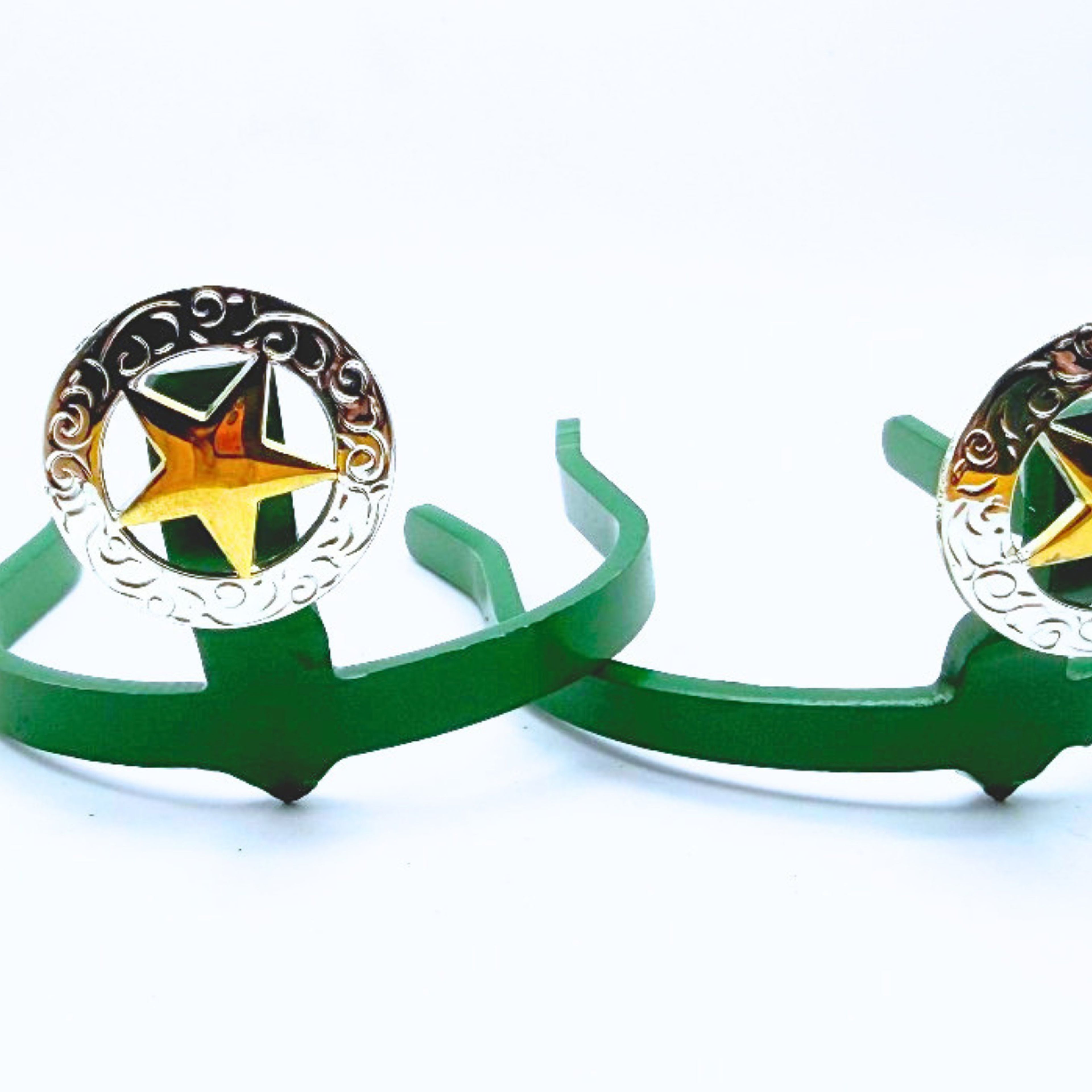 Handcrafted Western Star Cowgirl Cuff with a gold western star centerpiece, engraved silver detailing, and classic cowboy boot accessory styling.
